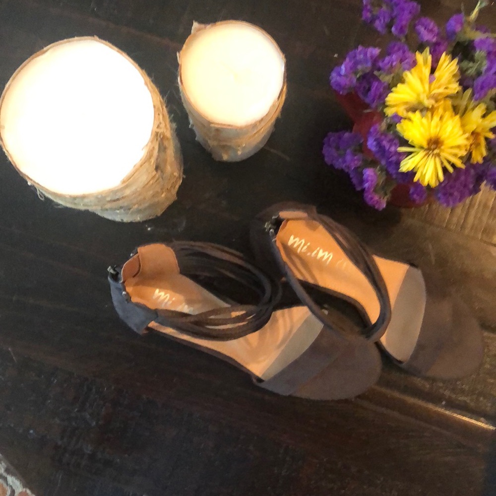 Brand new charcoal gray block heels with ankle tie